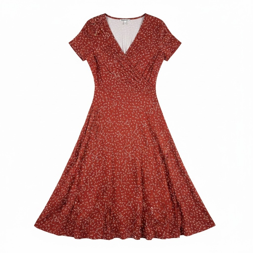 MSBASIC Women's Red Floral Faux Wrap Dress Short Sleeve V-Neck A-Line Medium NWT